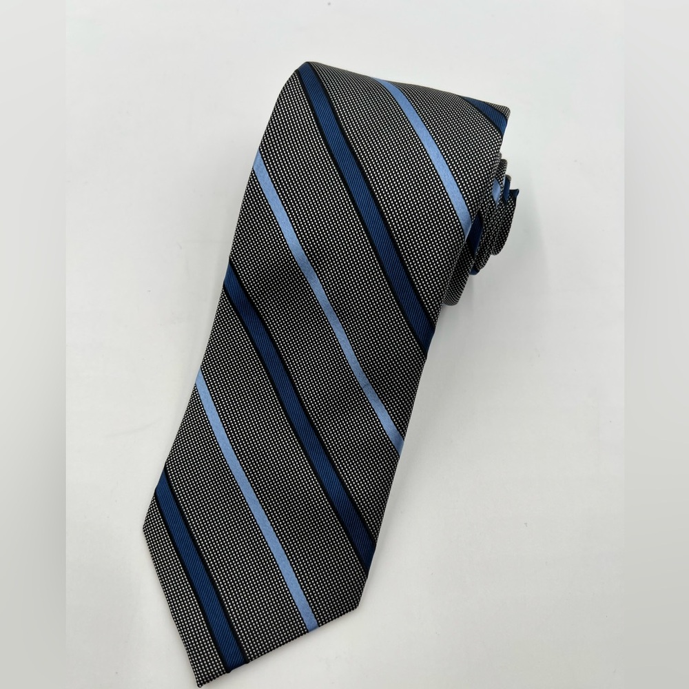 Forsyth Mens Silk Tie Black Blue Diagonal‎ Striped Micro Dot Hand Sewn